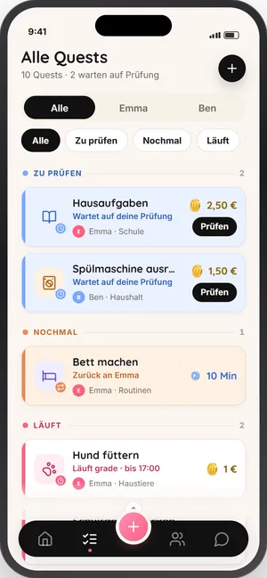 Pepp Eltern-App: Quest-Übersicht nach Zustand gruppiert