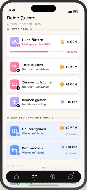 Pepp Kinder-App: Quest-Liste nach Dringlichkeit