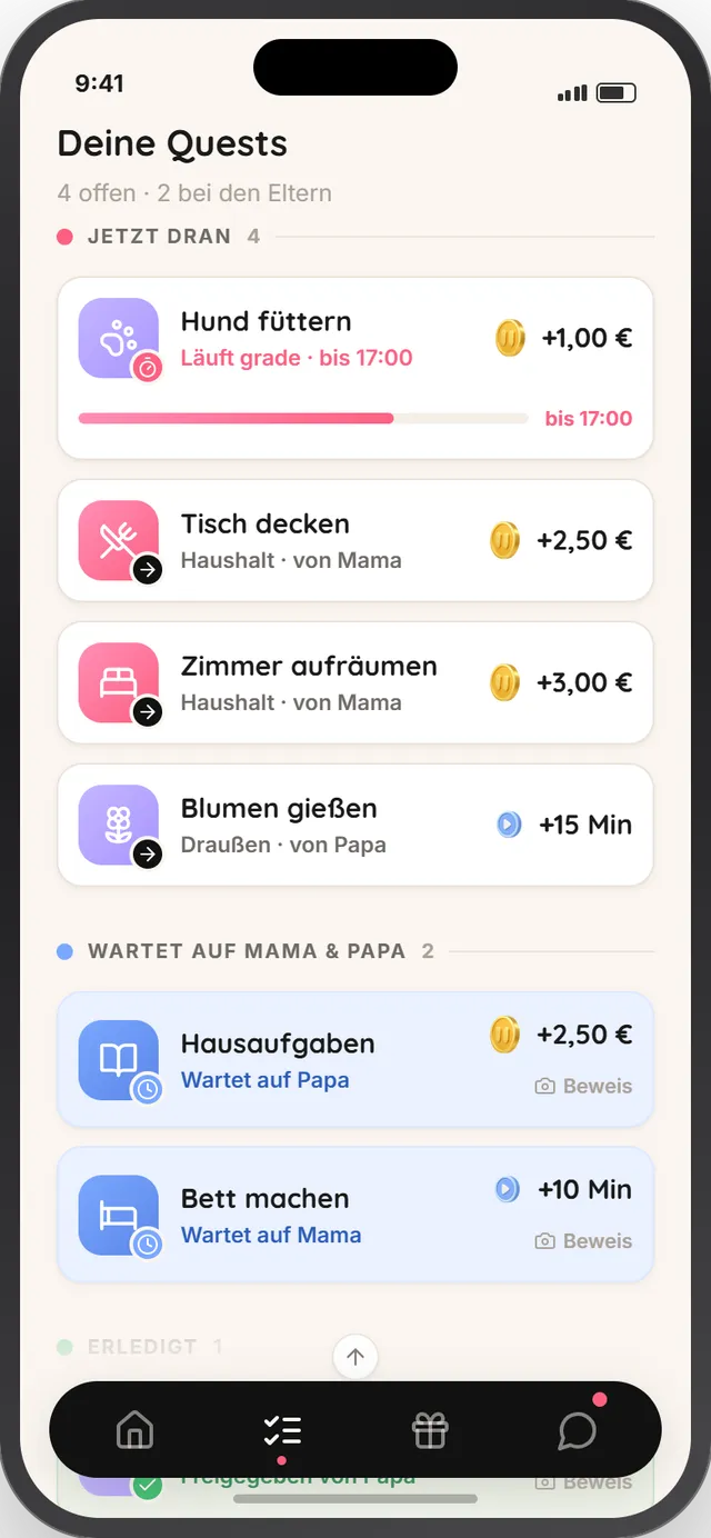 Kids mode: quest list