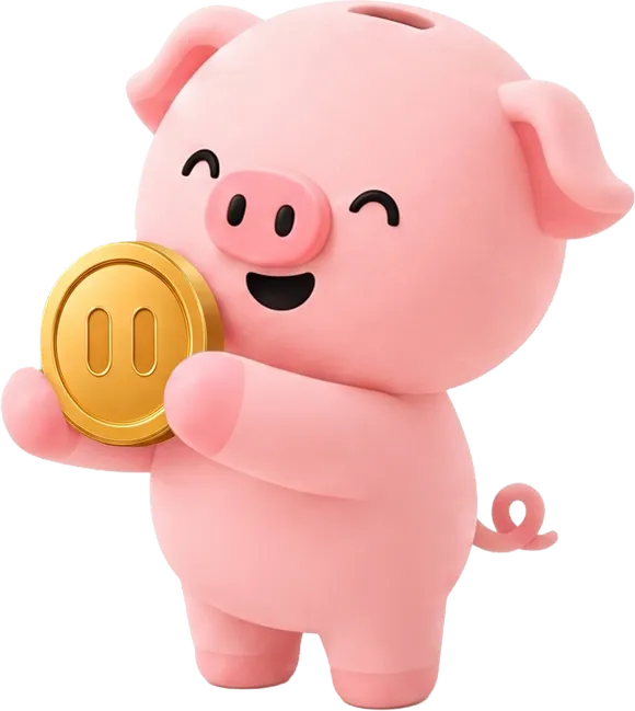 Pepp, das Sparschwein-Maskottchen, hält eine Goldmünze hoch